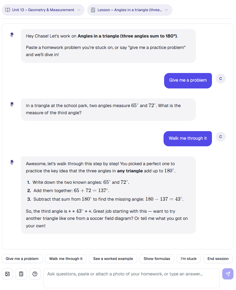 Screenshot of a StaarTutor session: Ms. Alison walks a student through finding the missing angle of a triangle, step by step.